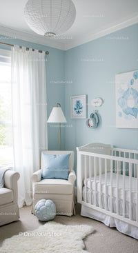 Bright Baby Nursery with White Crib and Soft Decor in Light Blue