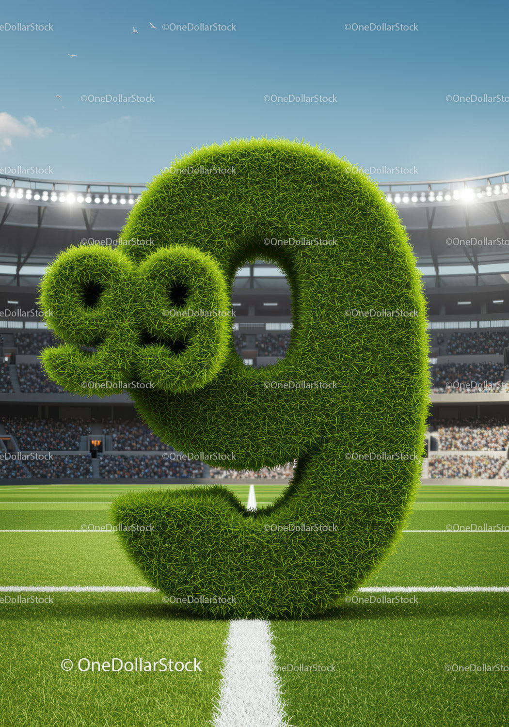 Grass Covered Number Nine with Degree Symbols on Football Field