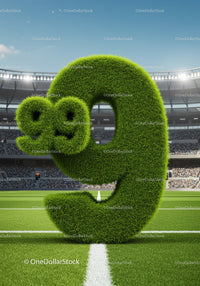 Grass Covered Number Nine with Degree Symbols on Football Field