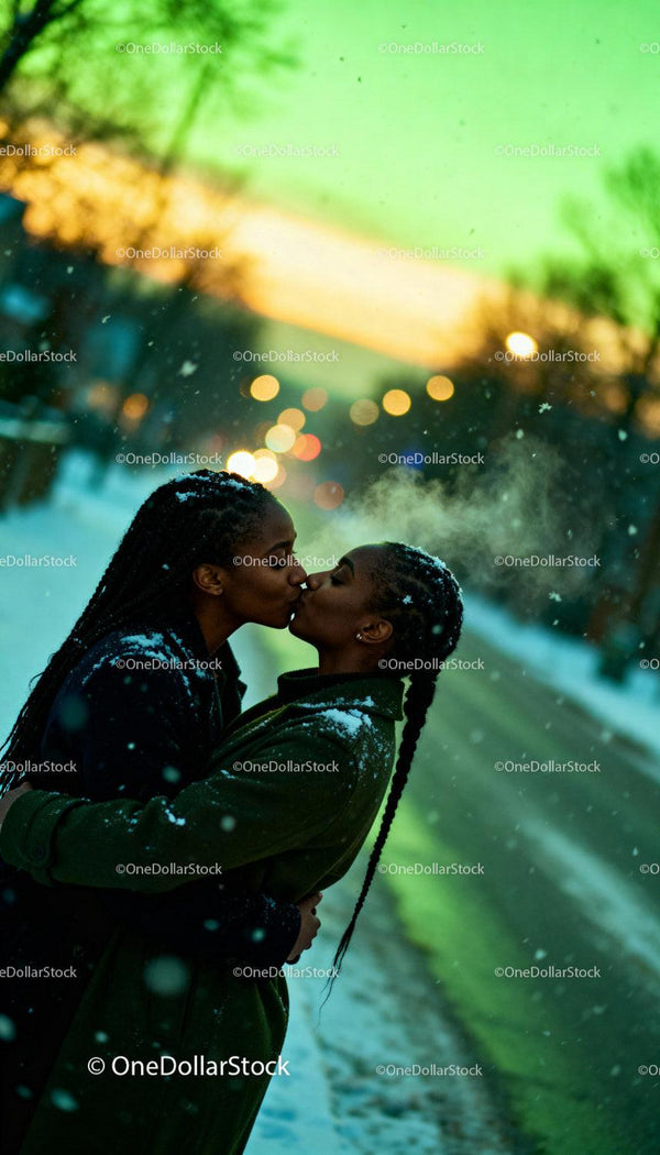 Couple sharing a kiss on snowy winter evening