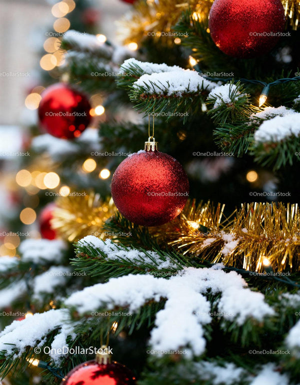Snow-dusted Christmas tree with sparkling red ornaments