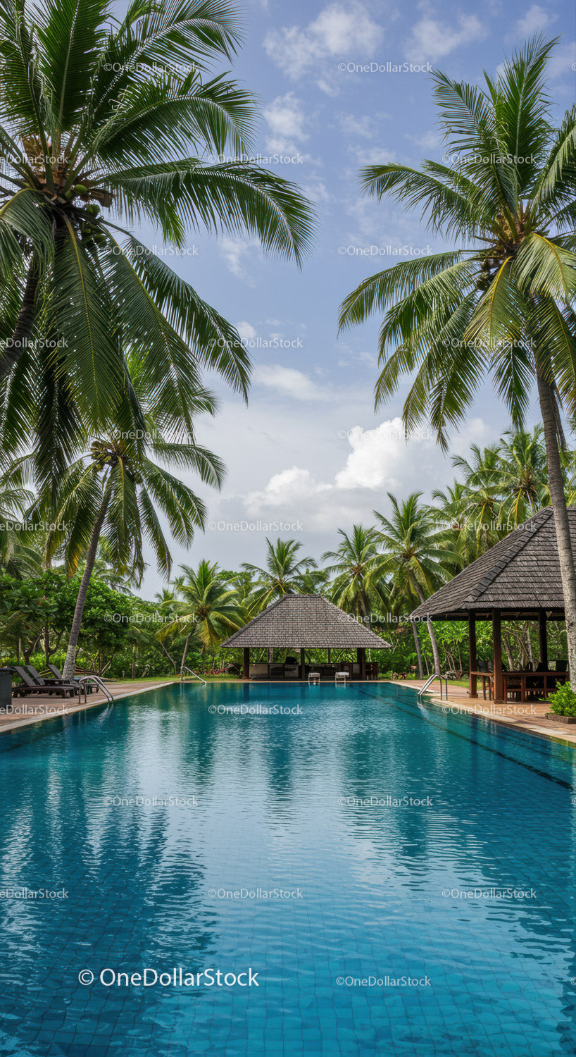 Tropical Poolside with Palm Trees and Gazebos in Paradise Setting