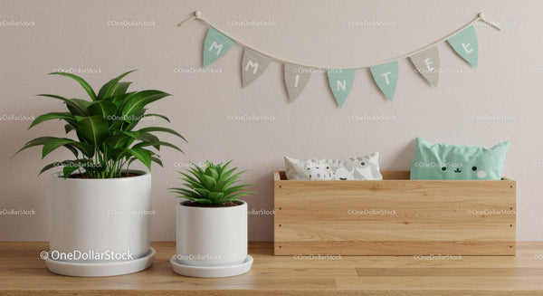 Decorative Indoor Plants and Cozy Nursery Room Setup with Wooden Storage