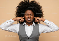 Frustrated Young Woman Covering Ears Expressing Stress and Anger