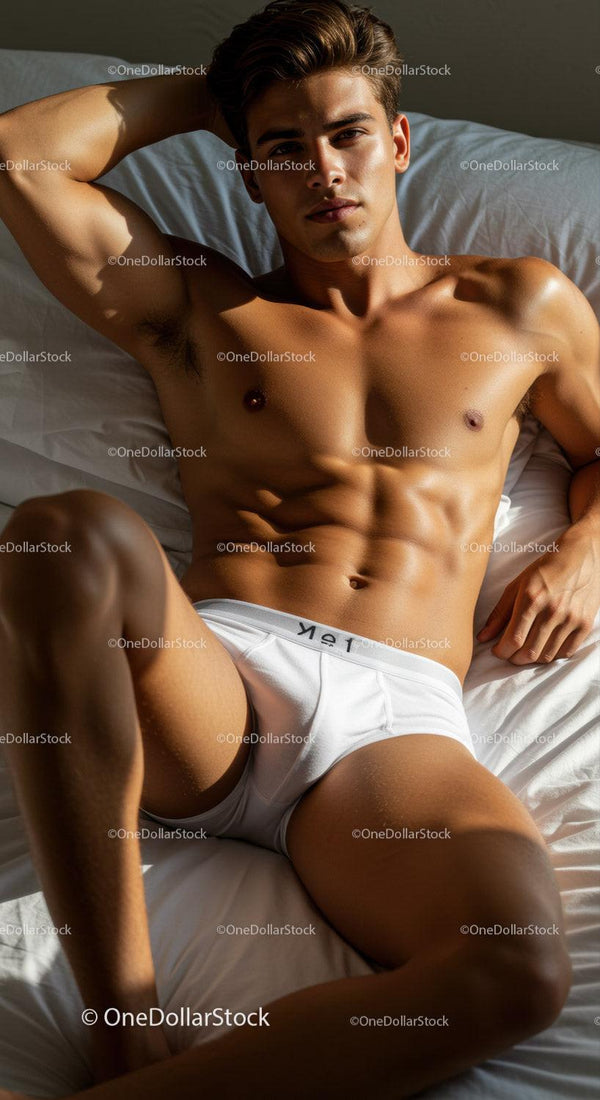 Relaxed young man resting in sunny white bedding
