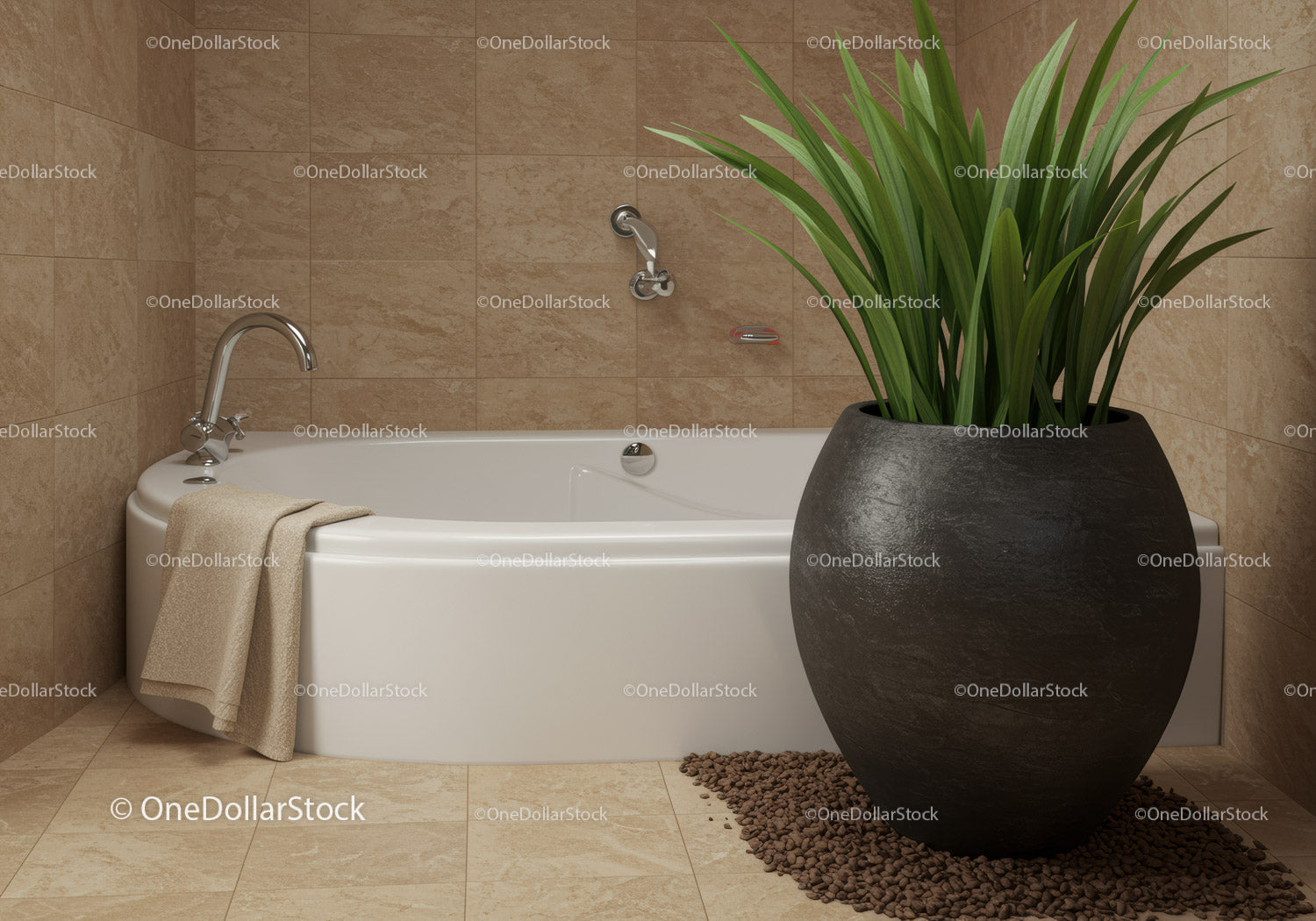 Modern Bathroom with Large Green Potted Plant and Bathtub