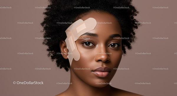 Beautiful Black Woman with Curly Hair and Healing Bandage on Face