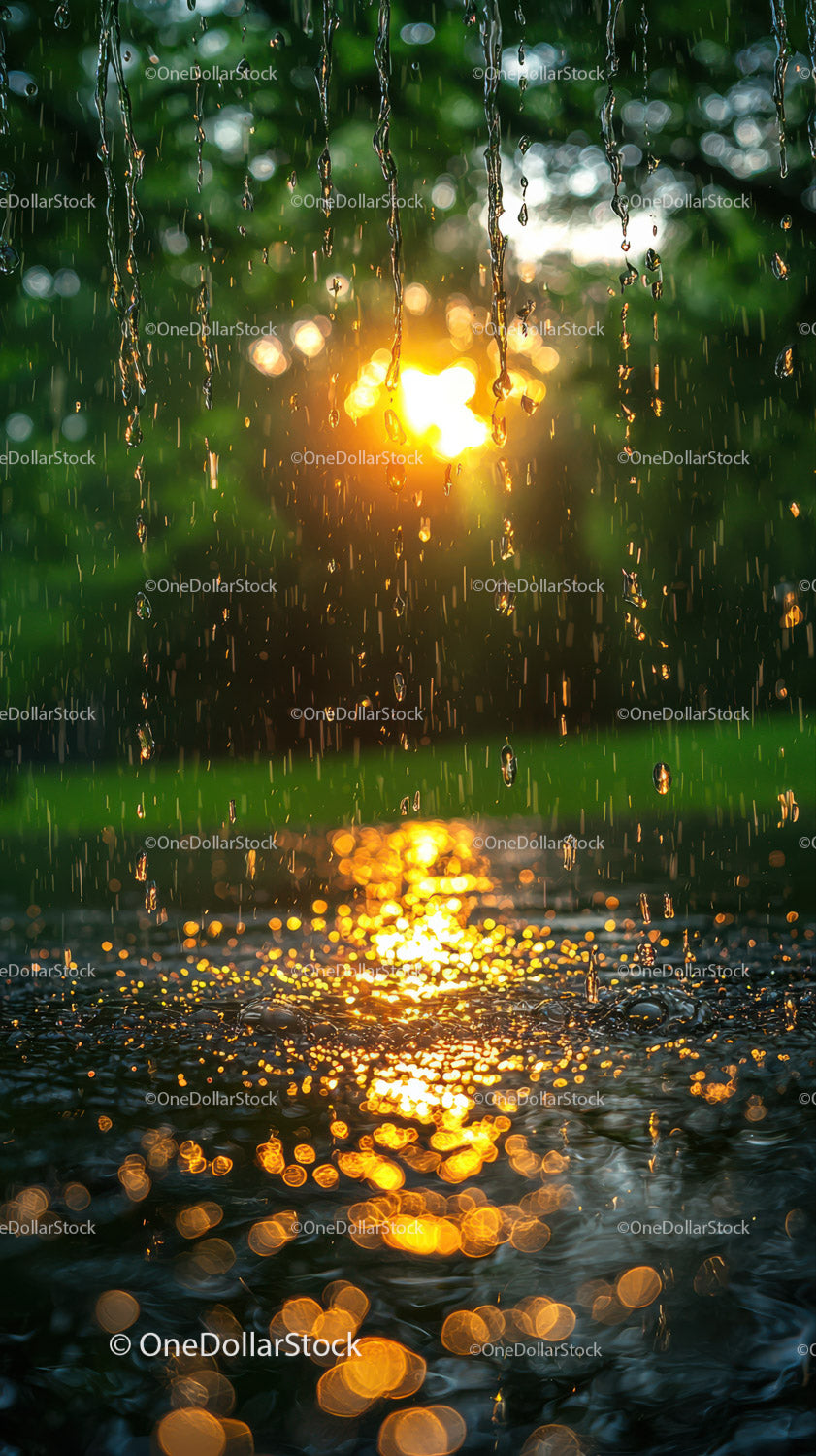 Raindrops Falling During Sunset Over Lush Greenery