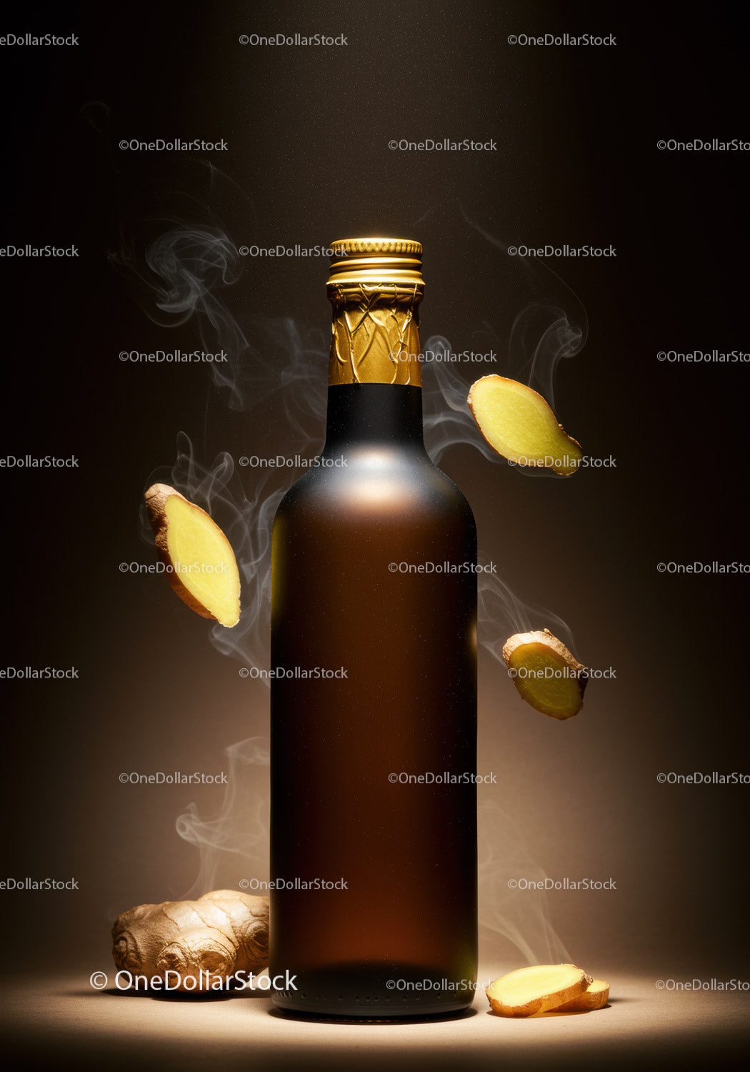 Brown bottle with ginger slices floating in steam