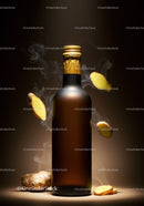 Brown bottle with ginger slices floating in steam