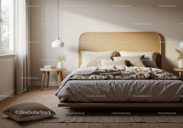 Cozy minimalist bedroom with natural light and rattan headboard