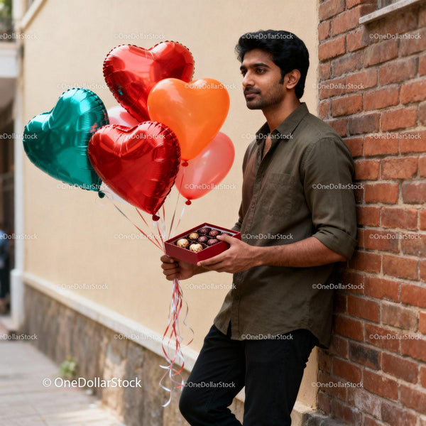 Young man holding heart balloons and chocolates outdoors