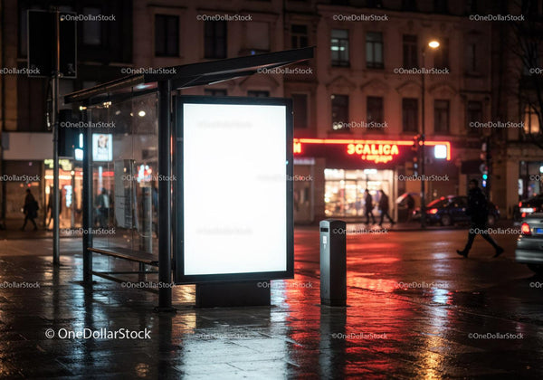 Modern Bus Shelter with Bright Advertising Panel on Rainy Night JPG Mockup Image