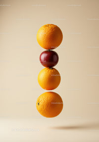 Stacked oranges and apple floating on beige background