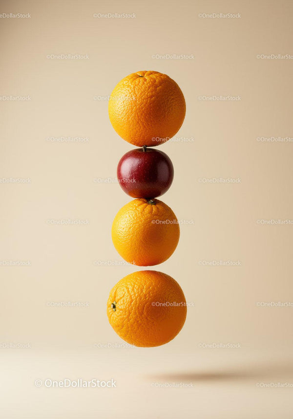 Stacked oranges and apple floating on beige background