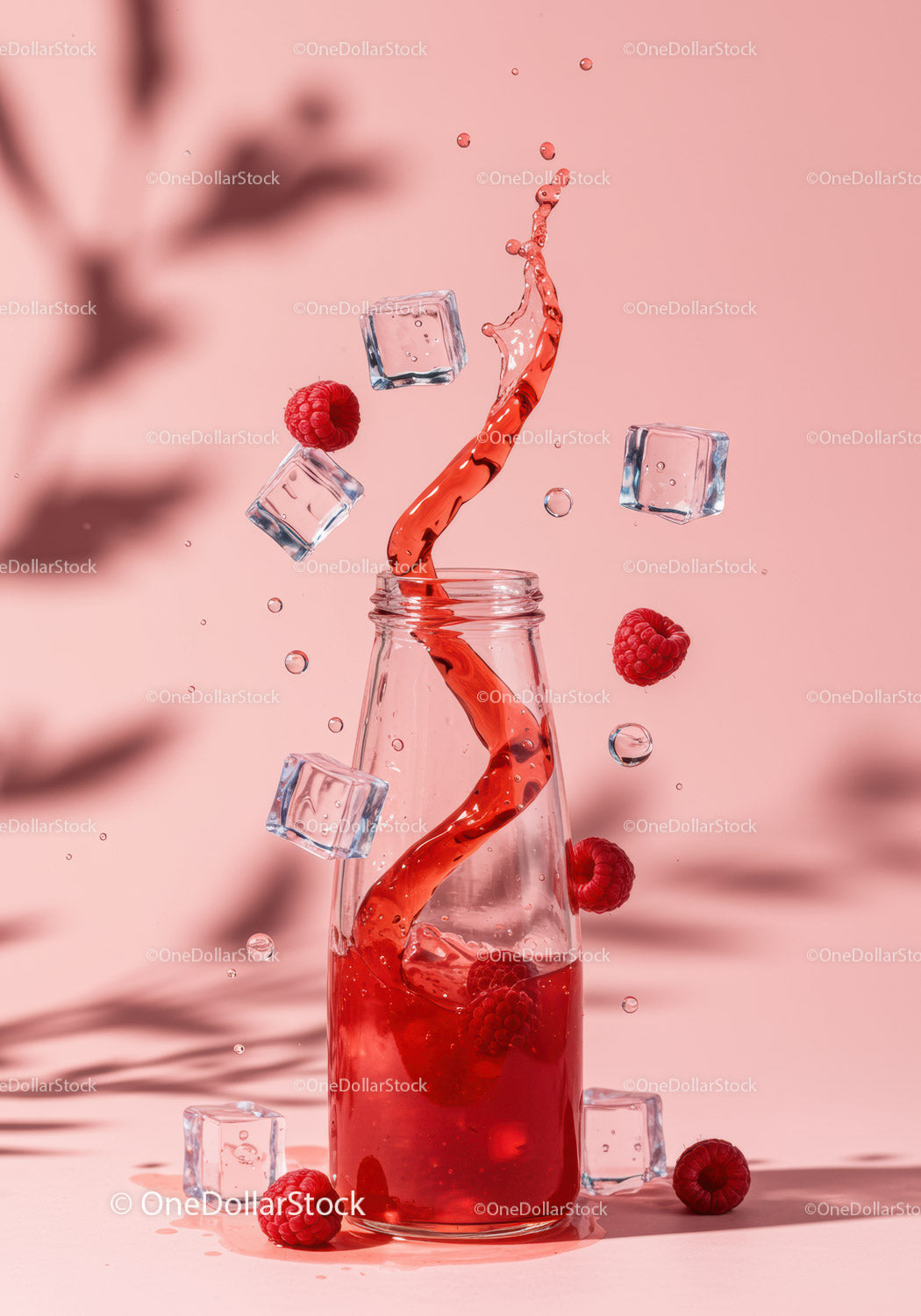 Refreshing raspberry drink splash with ice cubes
