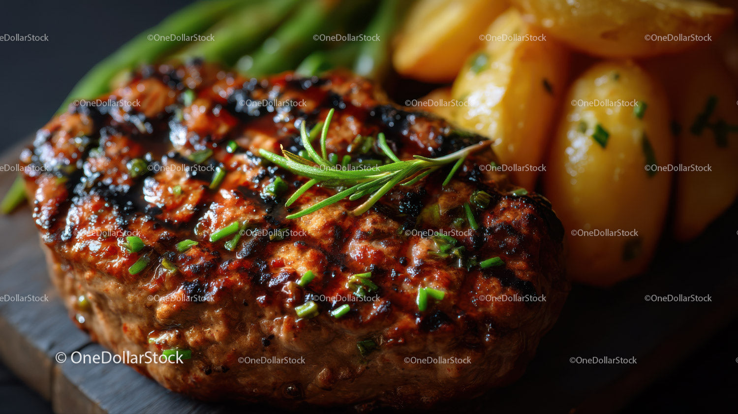 Juicy Grilled Beef Patty with Rosemary Garnish and Potato Wedges