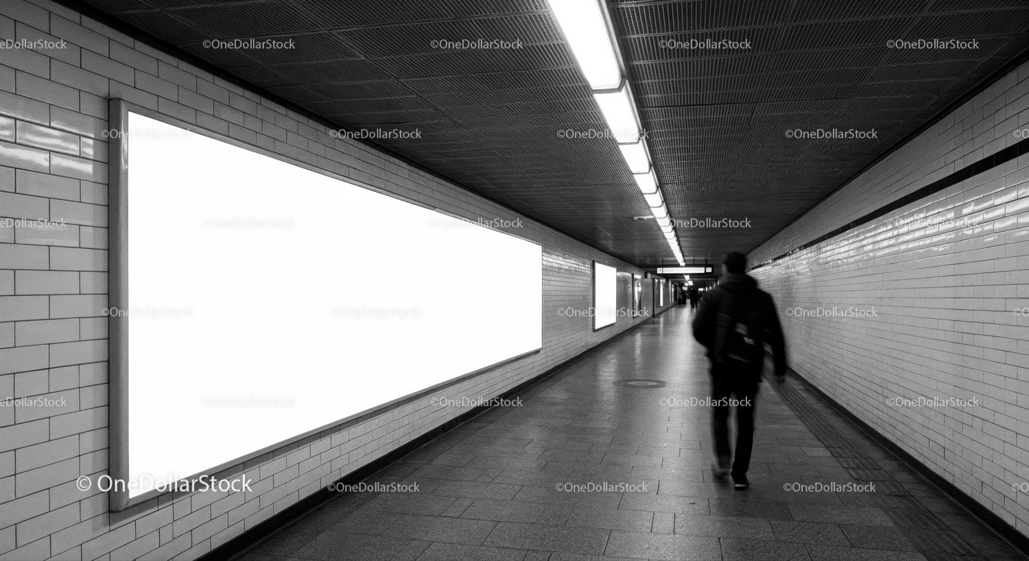 Modern Subway Tunnel with White Tiled Walls and Fluorescent Lighting