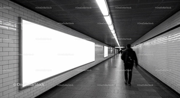 Modern Subway Tunnel with White Tiled Walls and Fluorescent Lighting JPG Mockup Image