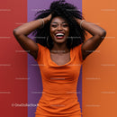 Vibrant Orange Dress Woman Expressing Joy Against Colorful Background