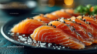 Fresh Smoked Salmon Fillet Slices on a Black Plate for Gourmet Cuisine