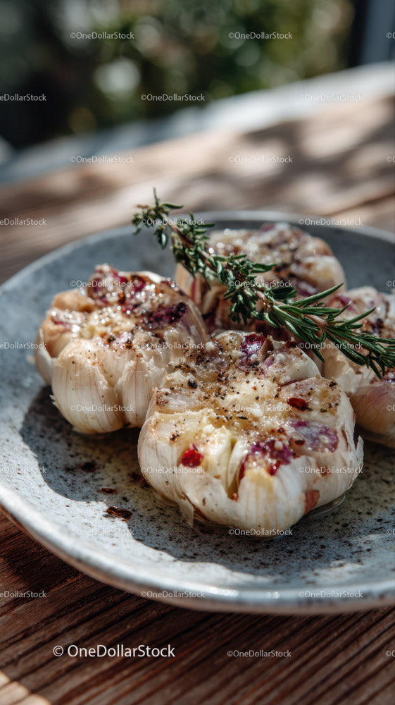 Roasted Garlic with Fresh Rosemary on Rustic Plate for Gourmet Food Photography