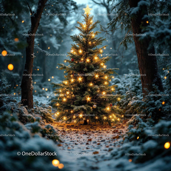Glowing Christmas Tree in Snowy Winter Forest