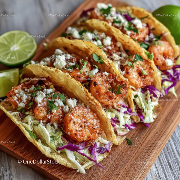 Fresh Shrimp Tacos with Lime and Purple Cabbage on Wooden Board