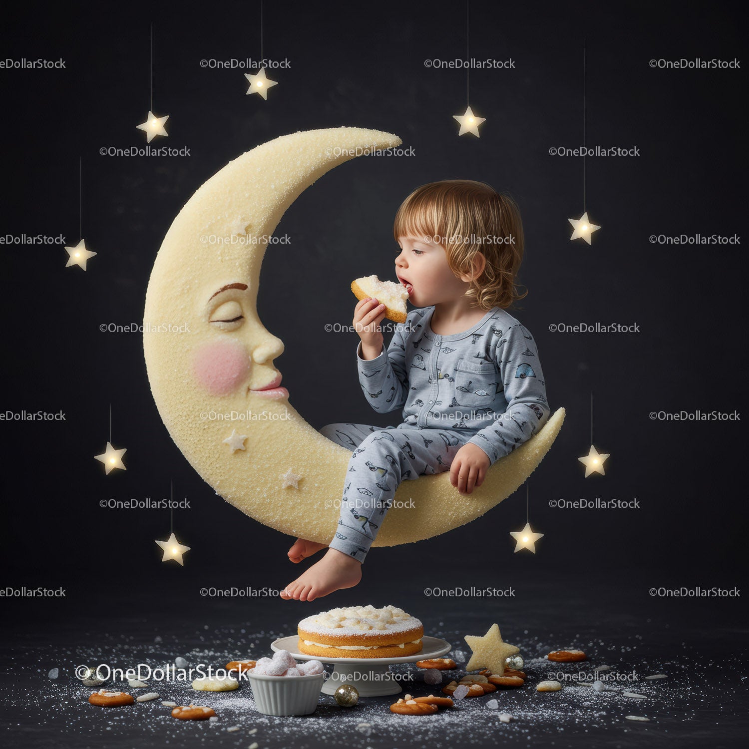 Toddler enjoying cake on crescent moon swing with stars