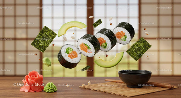 Fresh sushi rolls with avocado and seaweed on wooden table