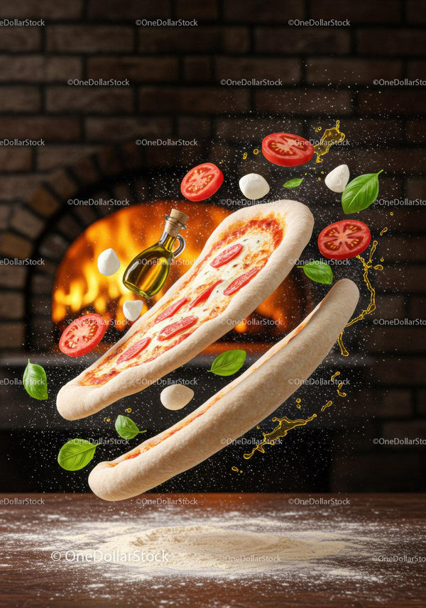 Fresh Margherita Pizza Ingredients Floating in Air
