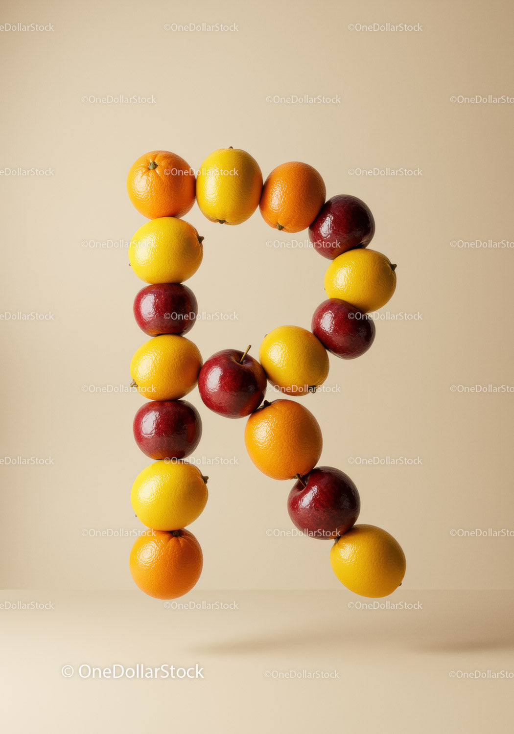 Letter R formed from colorful fresh fruits on beige