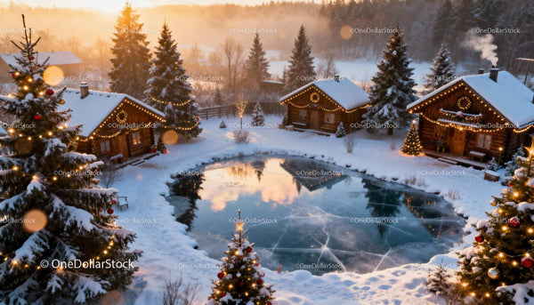 Cozy Winter Cabins with Festive Lights by Frozen Pond