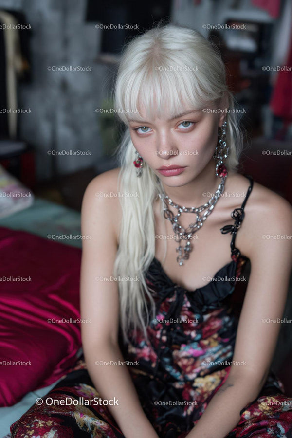 Fashionable Woman with Blonde Hair Wearing Floral Dress and Jewelry