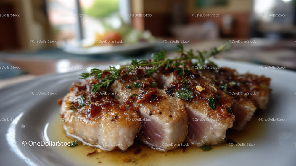 Juicy Breaded Pork Chop with Herb Garnish and Glaze