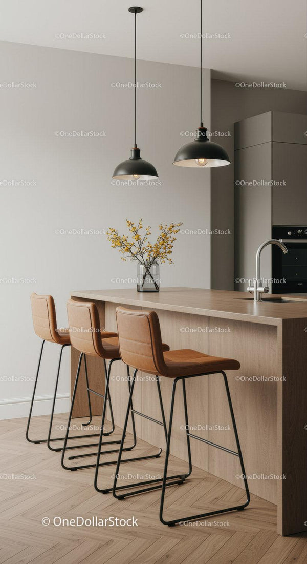 Modern Kitchen with Bar Stools and Pendant Lights in Minimalist Style