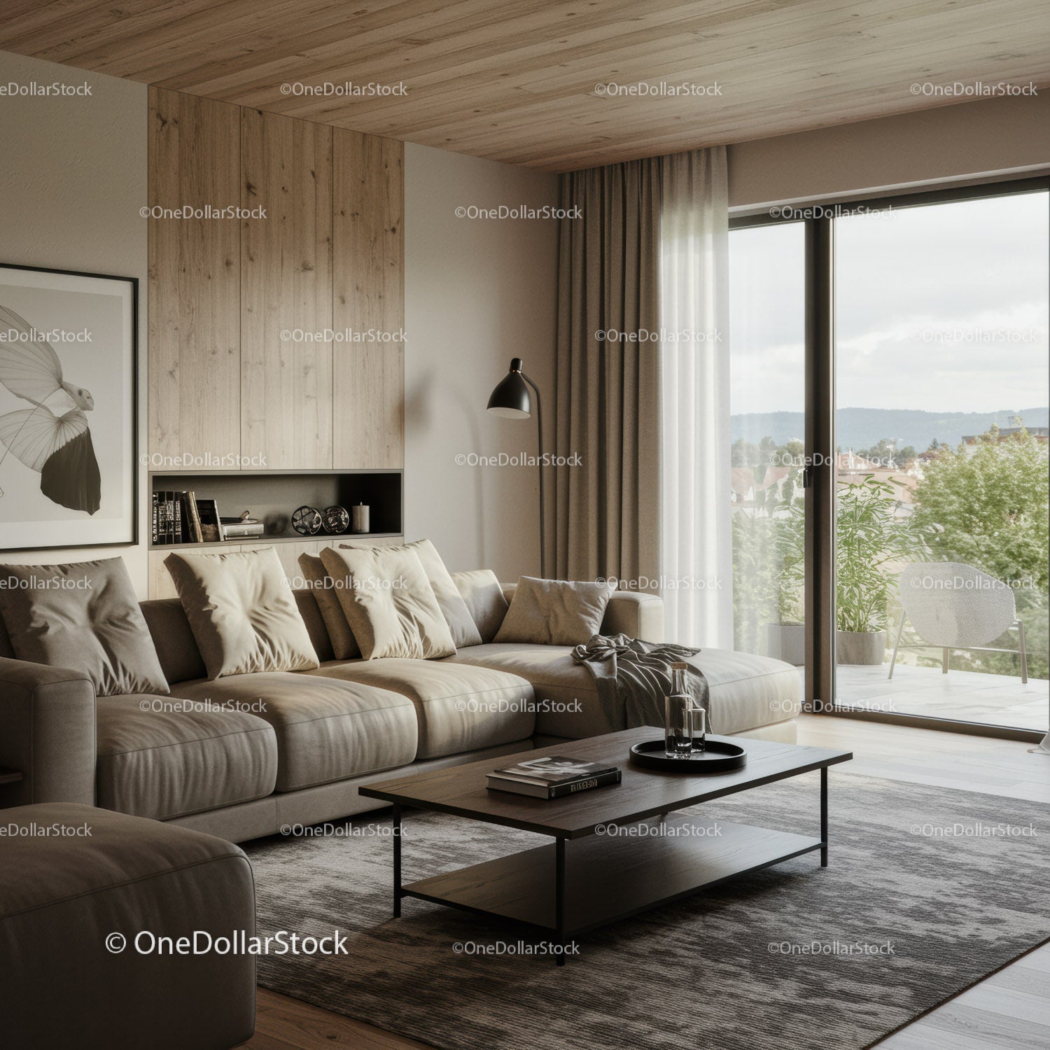 Modern Living Room with Beige Sofa and Large Glass Doors Overlooking Greenery