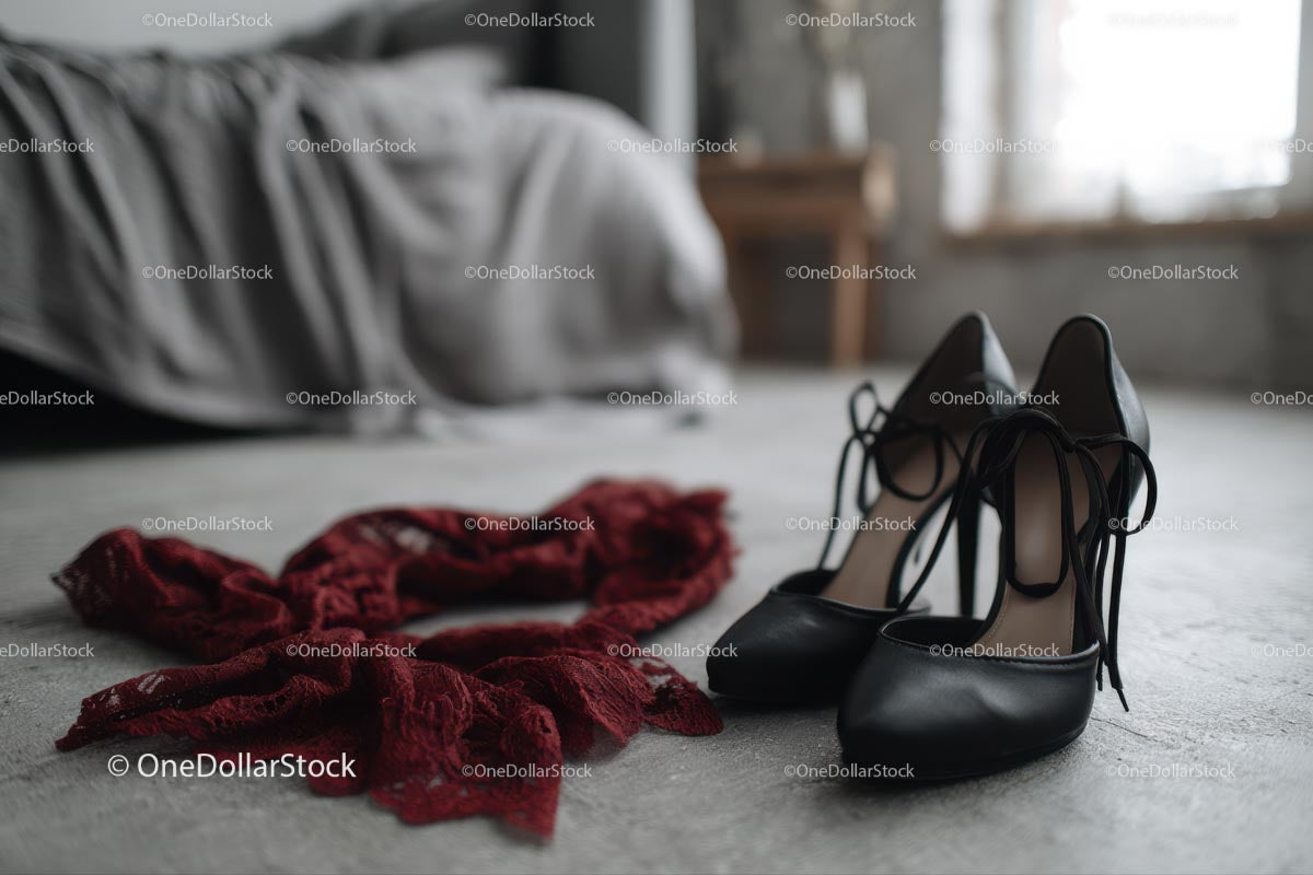 Chic Black Heels and a Red Lace Dress in a Cozy Bedroom Setting