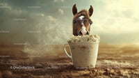 Cute Brown Horse Foal Drinking from Mug in Outdoor Scene
