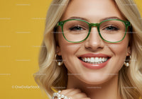 Smiling young woman with green glasses and pearl jewelry