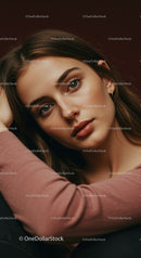 Close-up Portrait of Young Woman with Expressive Blue Eyes and Brown Hair