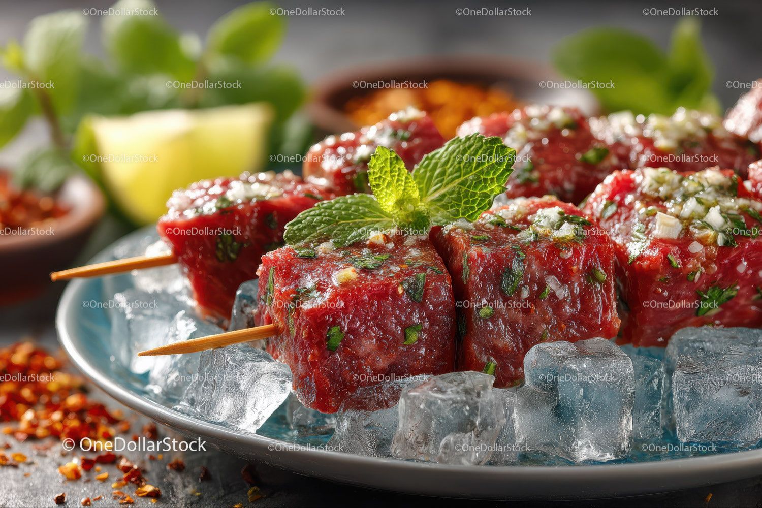 Spicy Meat Skewers with Fresh Mint on Ice Ready for Summer