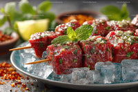 Spicy Meat Skewers with Fresh Mint on Ice Ready for Summer