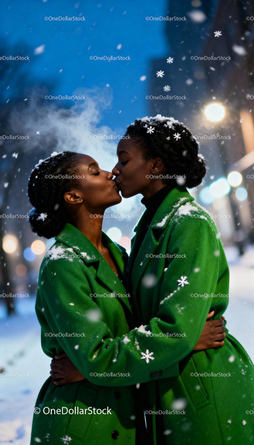 Affectionate winter kiss between loving same sex couple