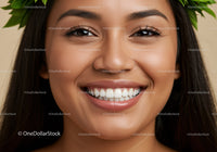 Close up of cheerful woman smiling with natural makeup