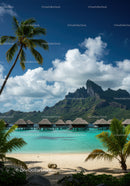 Tropical Beach with Overwater Bungalows and Mountain Backdrop