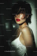 Elegant Woman with Red Lips in Stylish Evening Dress