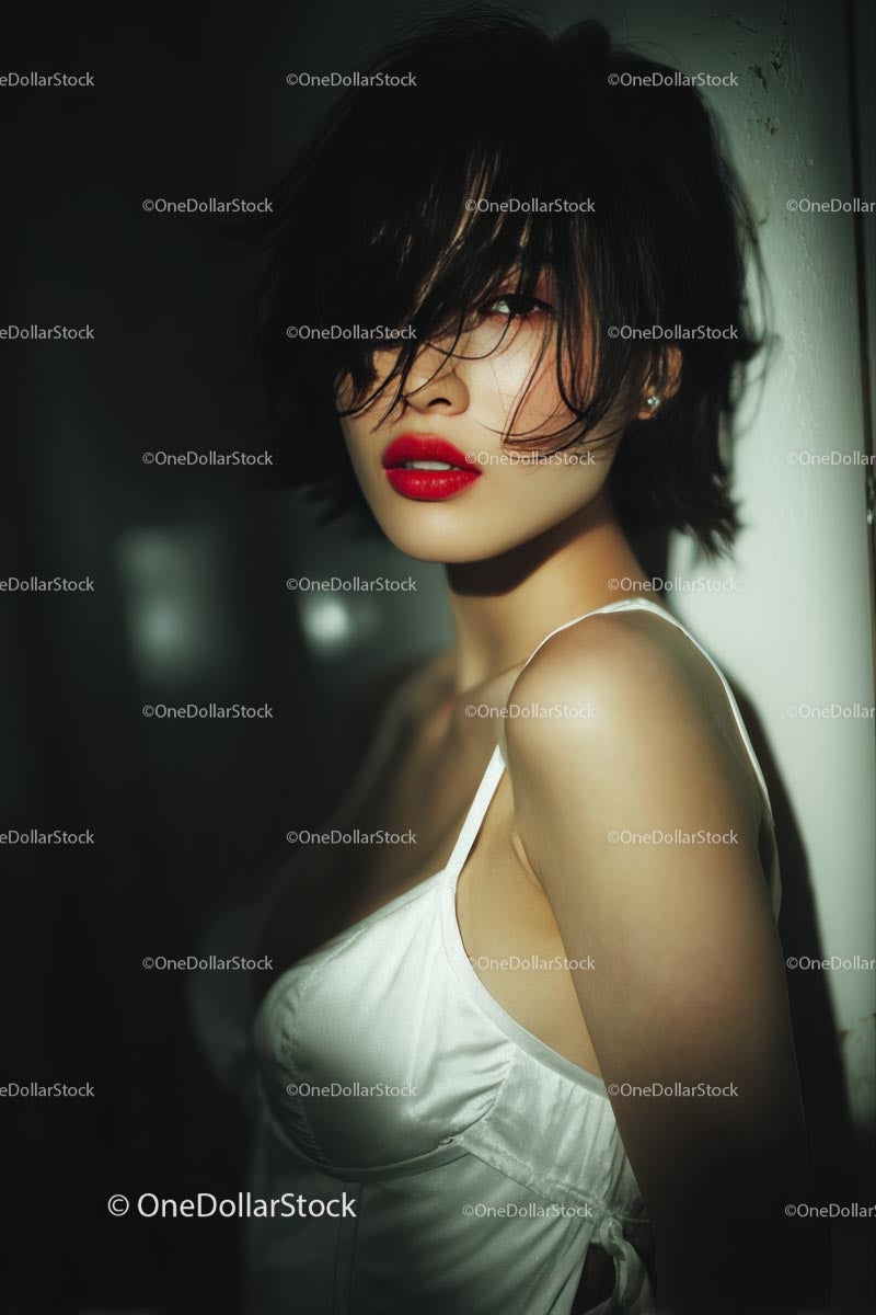 Elegant Woman with Red Lips in Stylish Evening Dress