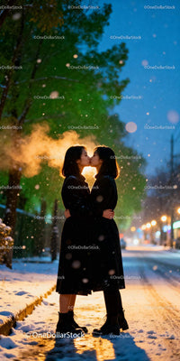 Couple Sharing a Kiss on a Snowy Evening