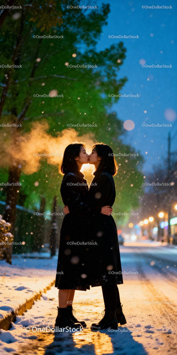 Couple Sharing a Kiss on a Snowy Evening